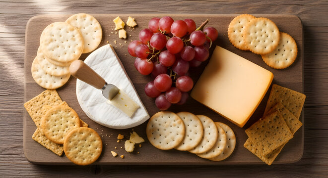 Elegant cheese board with creamy brie, sharp cheddar, red grapes, and crispy crackers for stylish entertaining and delicious gourmet snacking moments