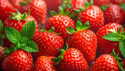 A close-up view of vibrant red strawberries garnished with fresh green mint leaves.
