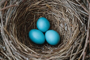 Three bright blue robin eggs nestled in a straw bird s nest