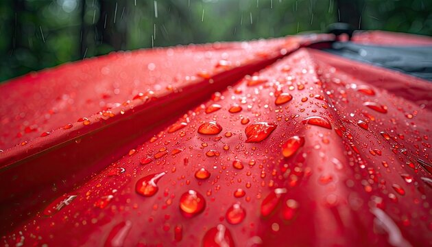 Close-up of water droplets glistening on a vibrant red tent or umbrella fabric during rainfall.