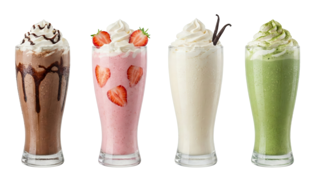 Diverse Indulgence: A tempting display of artisanal milkshakes, each boasting unique flavors and artful toppings, offers a refreshing treat.