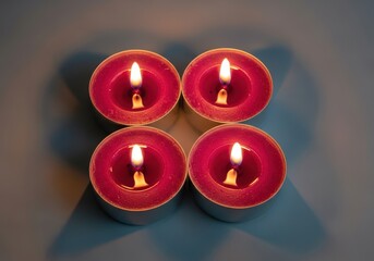 Four lit pink tea light candles arranged in a square