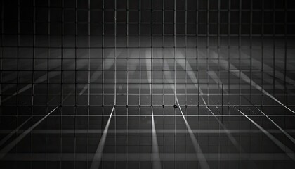 Abstract dark grid structure with dramatic light rays creating a sense of depth and confinement.