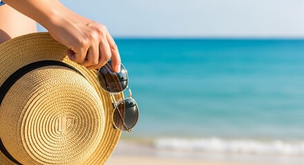 Womans hand holding a straw hat and sunglasses at the beach