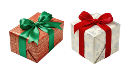 Festive Gift Pair: Two beautifully wrapped presents, one adorned with a vibrant green ribbon and the other with a striking red bow, symbolize the joy of giving, celebration and anticipation.