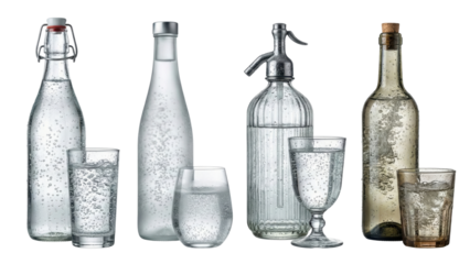 Sparkling Water Assortment: A captivating array of water vessels, each showcasing the effervescent dance of bubbles within, ready to quench thirst.