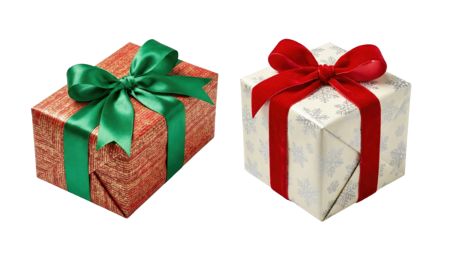 Festive Gift Pair: Two beautifully wrapped presents, one adorned with a vibrant green ribbon and the other with a striking red bow, symbolize the joy of giving, celebration and anticipation.