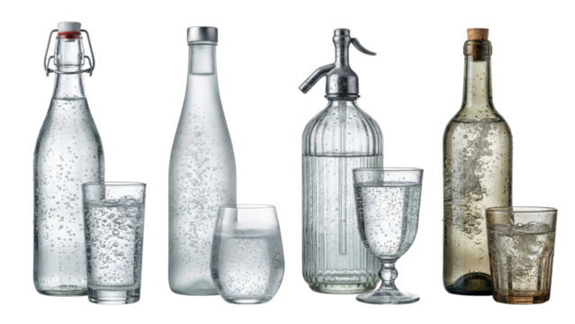 Sparkling Water Assortment: A captivating array of water vessels, each showcasing the effervescent dance of bubbles within, ready to quench thirst.
