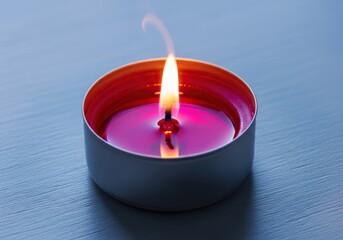Close up of a single burning pink tea light candle flame