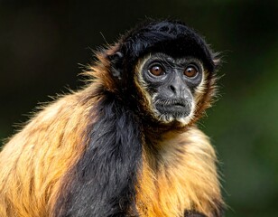 Close portrait of an orangey-gold and black furred monkey with a concerned expression against a dark, leafy backdrop