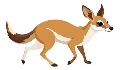 Cute cartoon fox with tan fur, white accents, and dark tail. Isolated on a white background, in profile, walking