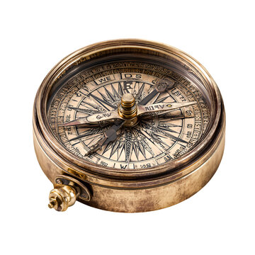Antique brass pocket compass with detailed dial isolated on transparent background