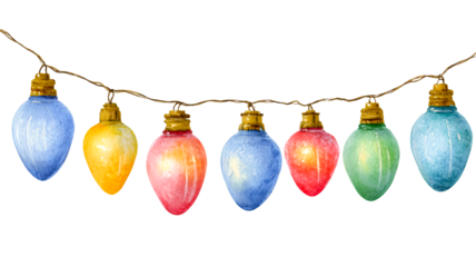 Colorful string of vintage christmas lights glowing brightly isolated on transparent background