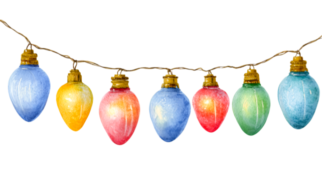 Colorful string of vintage christmas lights glowing brightly isolated on transparent background