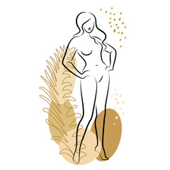 Silhouette of a cute lady and leaves of a plant. The girl is standing. The woman has a beautiful naked figure. She is young and slim. Vector illustration.
