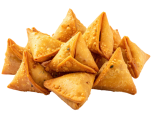 A pile of crispy, golden-brown triangular pastries with textured crusts, a delicious snack