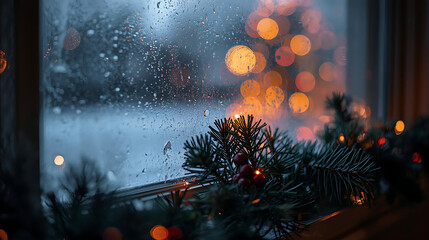 Rainy Window with Christmas Lights