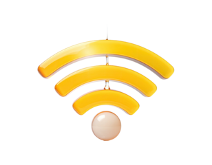 3D rendered Wi-Fi symbol, bright yellow, glossy, on black background, three arcs