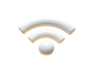 Glossy, three-dimensional white wireless internet symbol, against a stark black background