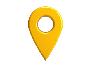 Glossy yellow location pin icon with a dark central hole, set against a black backdrop