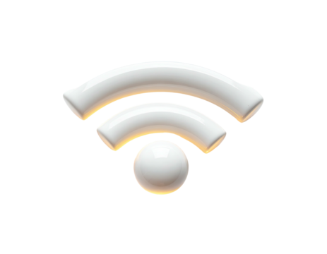Glossy, three-dimensional white wireless internet symbol, against a stark black background - Powered by Adobe