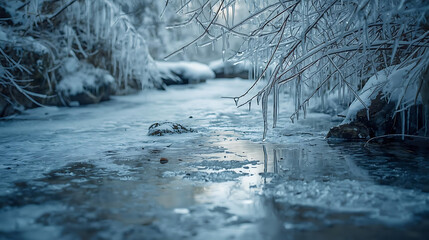 Icy Stream in Snowy Forest