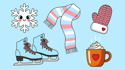 Cute winter essentials set with snowflake, scarf, mitten, ice skates, and hot chocolate