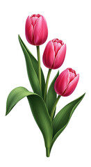 Obraz premium Three vibrant pink tulips isolated on a transparent background. Spring, love, and an elegant bouquet.
