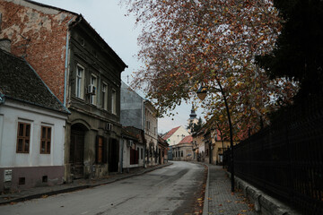 A narrow old street lined with historic houses leads toward a distant church tower in Sremski Karlovci, Serbia. Soft autumn colors create a quiet and nostalgic mood