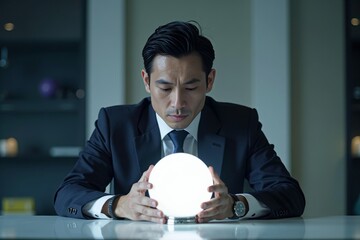 Businessman Gazing into Crystal Ball at Modern Desk