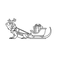 Unique Christmas Vector Icon - Lizard Pulling Sleigh. Bearded Dragon Reindeer Sleigh Vector Outline Art. Dragon's Christmas Ride.