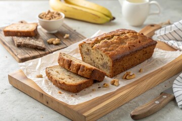 Homemade Banana Bread Loaf with Sliced Pieces on Wooden Board Surrounded by Fresh Bananas Nuts and Coffee Creating Warm Breakfast Baking Scene