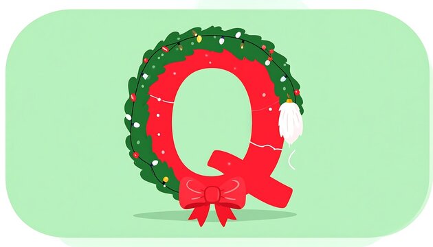 Festive red letter Q adorned with a green wreath, bright lights and a red bow on a soft mint green background