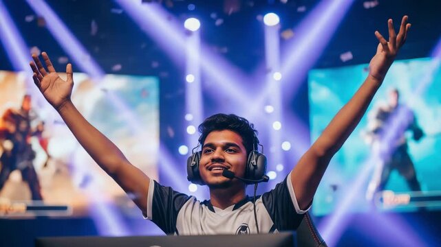 Energized gamer lifts arms in victorious display during intense