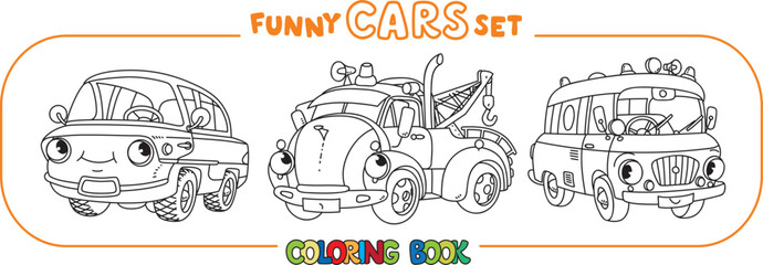Funny vintage cars with eyes. Coloring book set