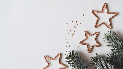 Minimalist Christmas Flat Lay with Rose Gold Star Ornaments and Frosted Pine on White Background