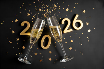 New Year 2026 Celebration with Champagne Glasses and Gold Confetti on Black Background