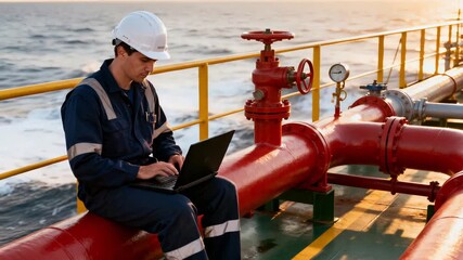 Seafarer monitors system metrics on vessel deck during sunset