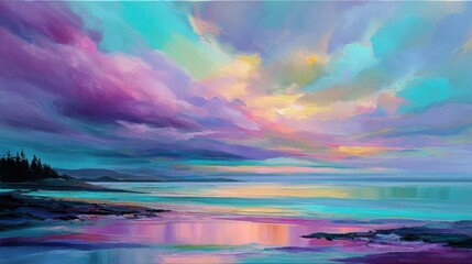 Fototapeta premium A painting of a beautiful sunset with a blue sky and a calm ocean. The colors are vibrant and the scene is serene