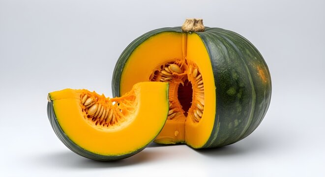 Freshly cut green kabocha squash, revealing its vibrant orange flesh and seeds, with a perfect slice presented on a clean white background, isolated on white background - Powered by Adobe