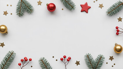 Minimalist Christmas Border with Pine Branches, Baubles and Stars on White Background