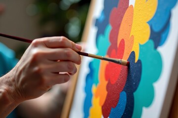 Hands creating vibrant abstract painting on canvas