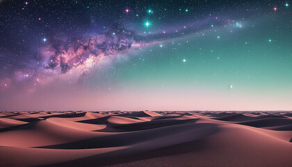 Vibrant galaxy and colorful stars illuminate desert sand dunes