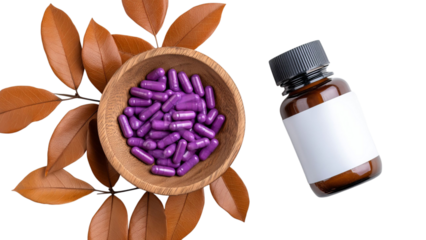 PNG of Brown bottle with purple capsules on a wooden bowl with fall leaves, showcasing a natural healthcare theme.