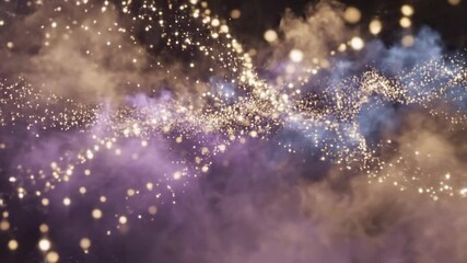 A dreamy scene of sparkling particles floating amidst a soft purple background haze - Powered by Adobe