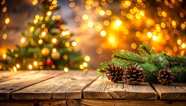 Festive scene with blurred Christmas tree, string lights backdrop, pine branches & cones on worn wooden surface