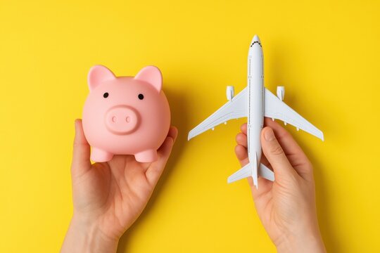Travel savings concept with a pink piggy bank and airplane model on a bright background, symbolizing budgeting, affordable trips, financial planning, and smart vacation decisions
