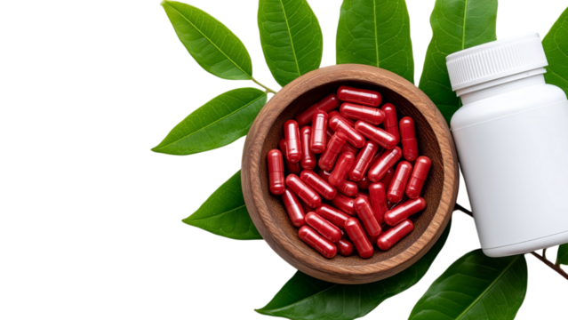 PNG of A wooden bowl filled with red capsules surrounded by lush green leaves, with a white bottle nearby.