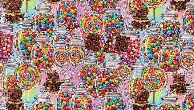 Vibrant candies, lollipops, and chocolate bars pattern design