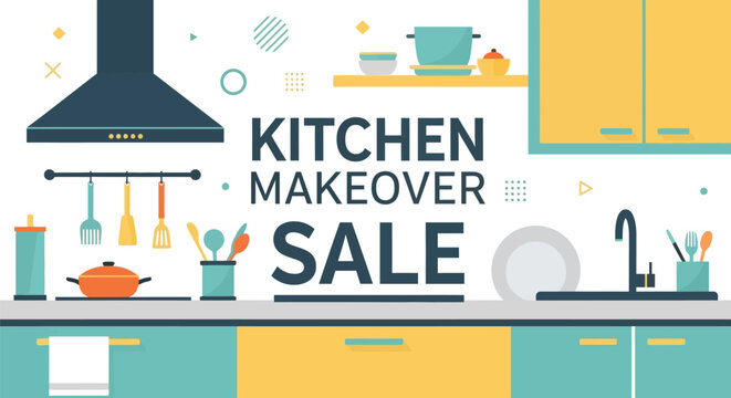 Kitchen makeover sale advertisement with kitchenware and furniture elements